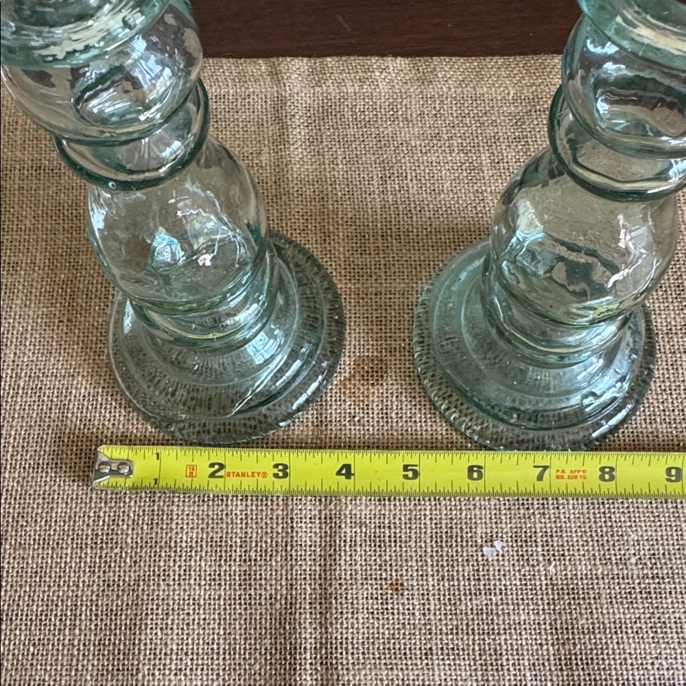 Pottery Barn Pair of Green Recycled Glass Candle Sticks Made in Spain ~8” - Picture 8 of 10